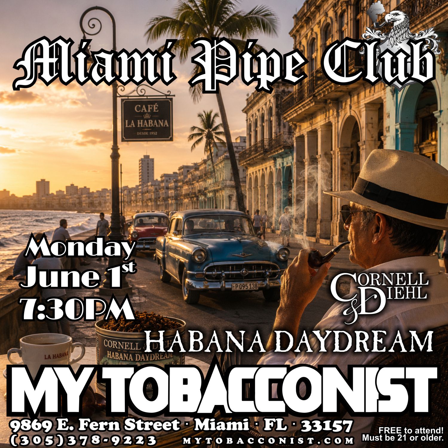 Miami Pipe Club meeting poster for Monday, June 1st