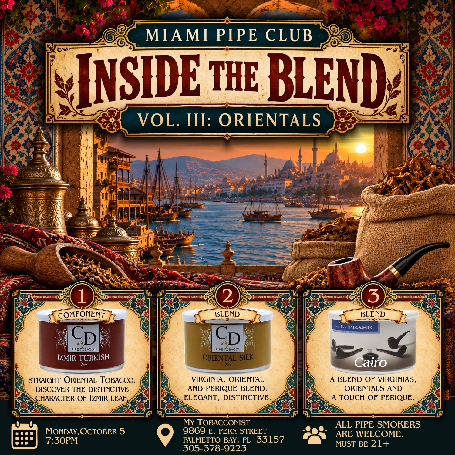 Miami Pipe Club meeting poster for Monday, October 5, 2026